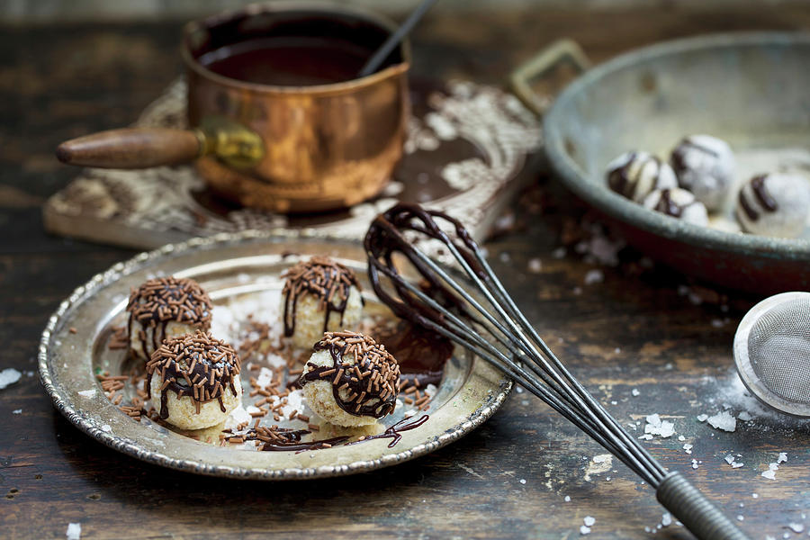 Handmade Truffle Pralines With Chocolate Sauce #4 Photograph by Lara Jane Thorpe