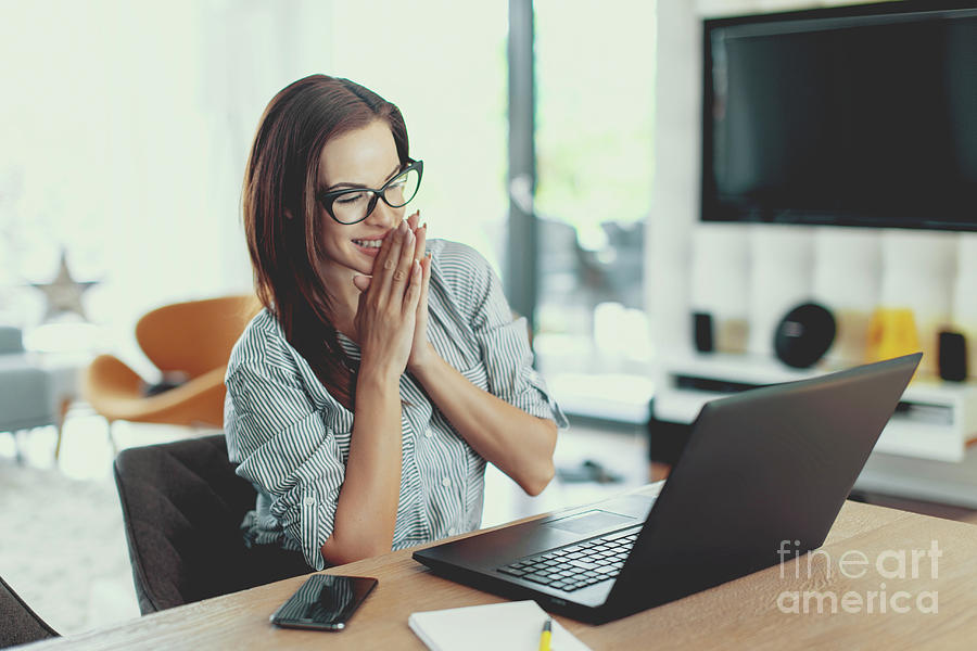 Woman Photograph - Happy Woman Using Laptop #4 by Sakkmesterke/science Photo Library