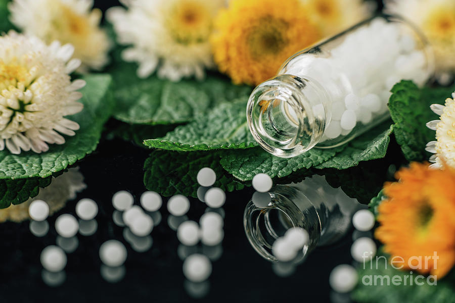 Homeopathic Globules Scattered Out Of Glass Bottle Photograph By ...