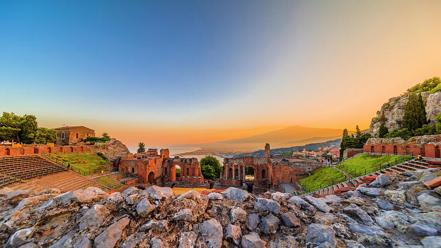 Italy, Sicily, Messina District, Ionian Coast, Ionian Sea, Taormina, Greek Theatre, Mount Etna In The Background #4 Digital Art by Alessandro Saffo