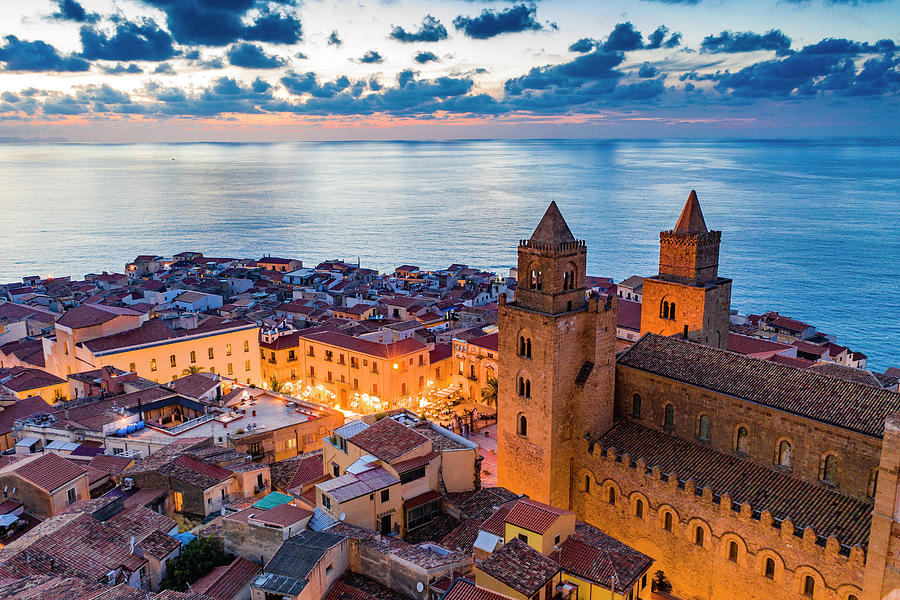 Italy, Sicily, Palermo District, Mediterranean Sea, Tyrrhenian Sea, Cefalu, Cefalu Rooftops View At Night With The Cathedral And The Sea #4 Digital Art by Antonino Bartuccio