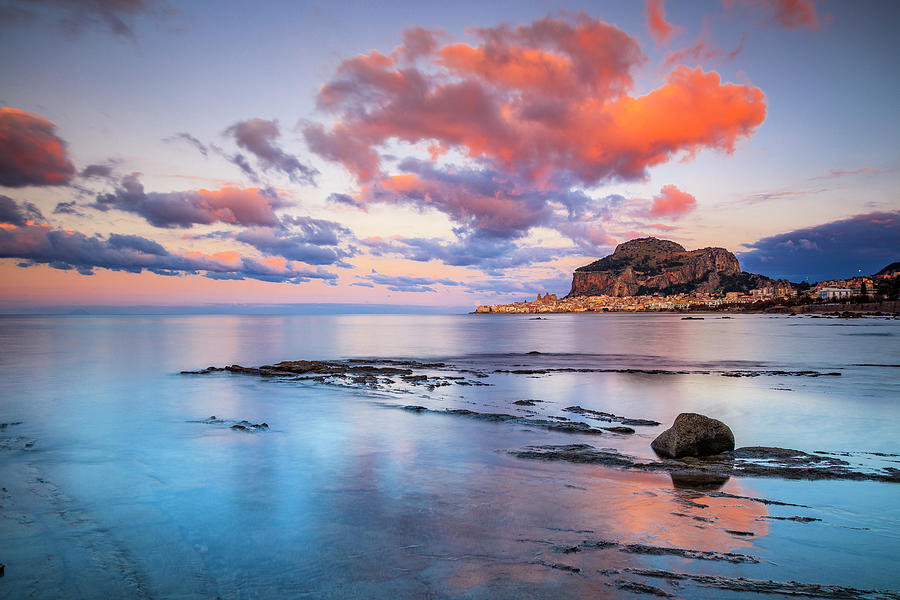 Italy, Sicily, Palermo District, Mediterranean Sea, Tyrrhenian Sea, Cefalu, View At Sunset #4 Digital Art by Antonino Bartuccio