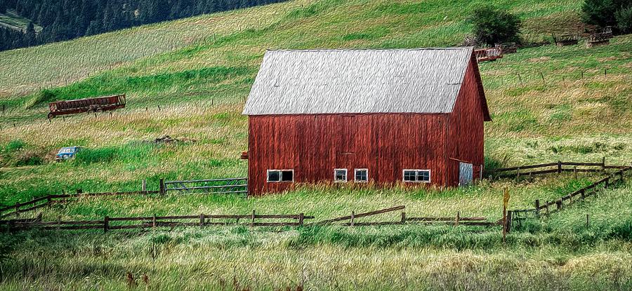 landscape with a red barn in rural Montana and Rocky Mountains #4 Photograph by Alex Grichenko
