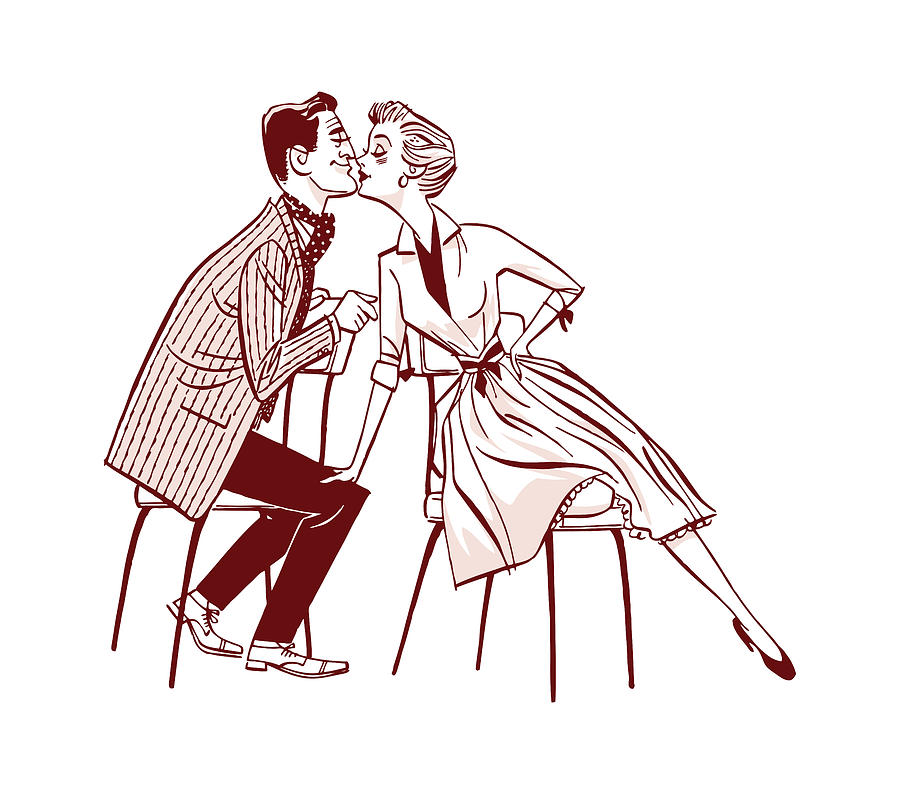 Vintage Drawing - Man and Woman Kissing #4 by CSA Images