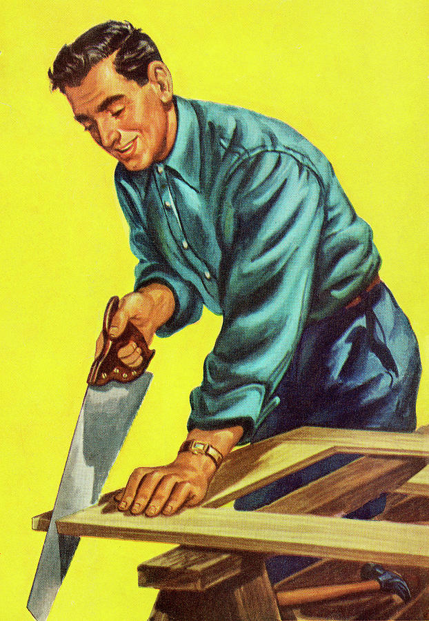 Vintage Drawing - Man Sawing Wood #4 by CSA Images