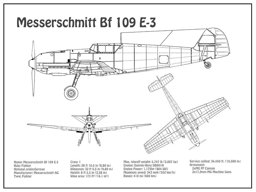 Messerschmitt Bf 109 E 3 Airplane Blueprint Drawing Plans For The Messerschmitt Bf 109 E Fighter Drawing By Stockphotosart Com