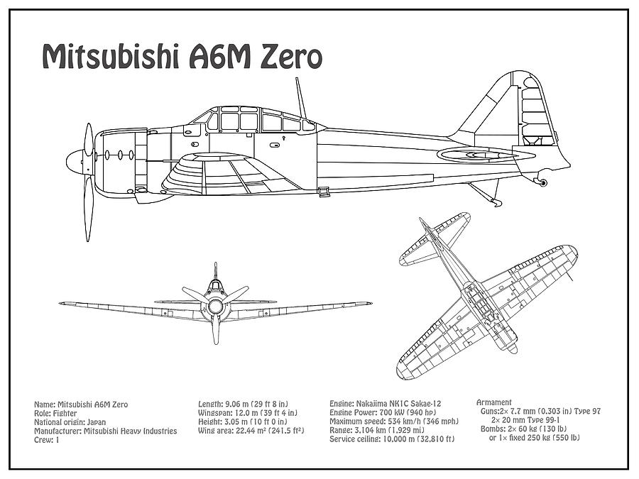 Mitsubishi A6m Zero - Airplane Blueprint. Drawing Plans For Mitsubishi ...