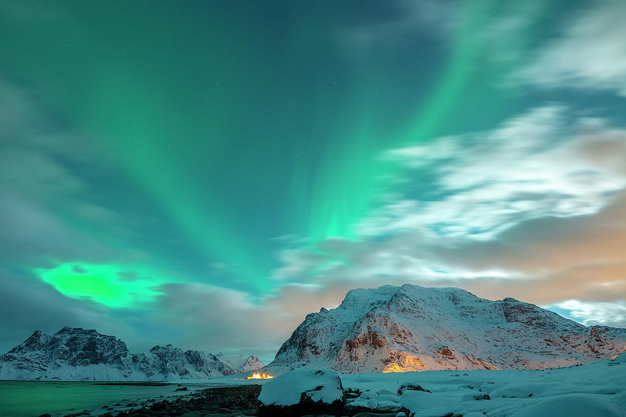Norway, Nordland, Lofoten Islands, Vestvagoy, Uttakleiv Beach By Night With Aurora Borealis #4 Digital Art by Sebastian Wasek