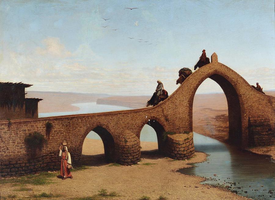 Orientalist Landscape with bridge #4 Painting by MotionAge Designs
