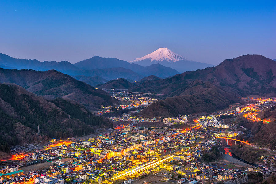 Nature Photograph - Otsuki, Japan Skyline With Mt. Fuji #4 by Sean Pavone