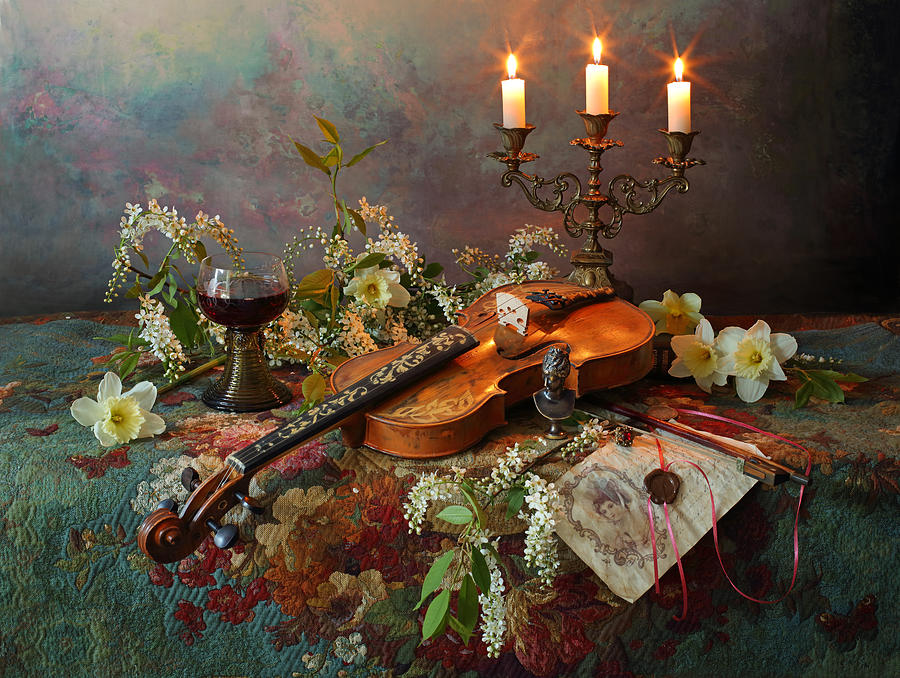 Still Life With Violin And Candles #4 Photograph by Andrey Morozov