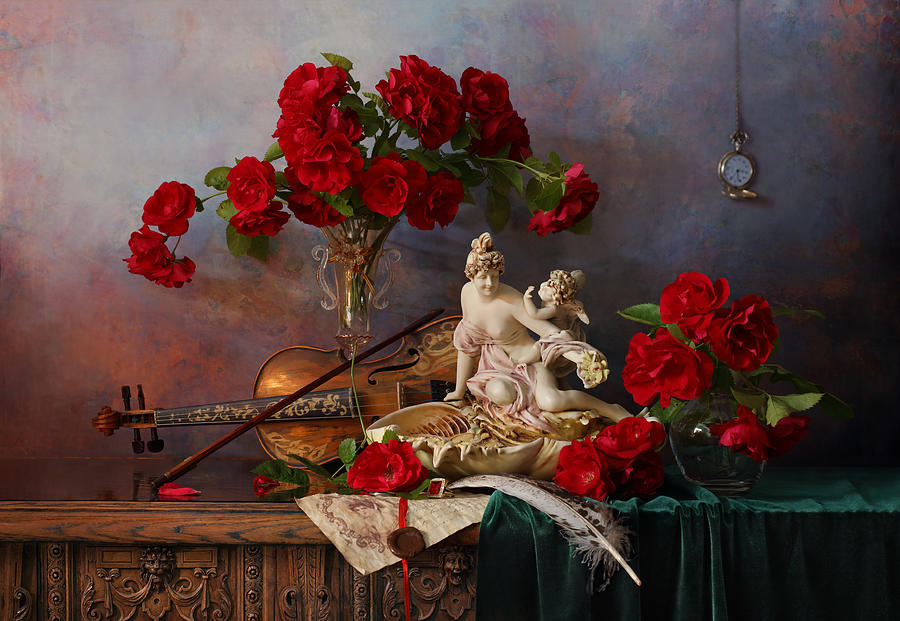 Still Life With Violin And Red Roses #4 Photograph by Andrey Morozov