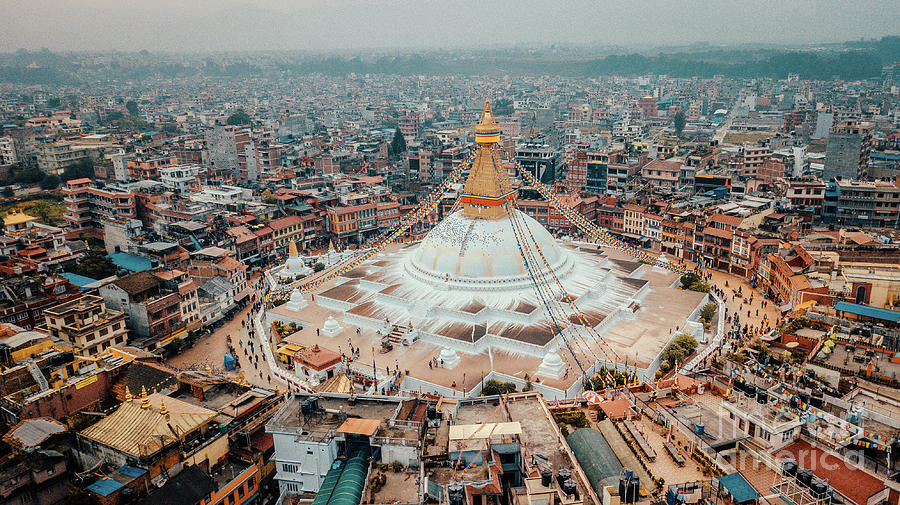 Stupa temple Bodhnath Kathmandu, Nepal from air October 12 2018 #4 Photograph by Raimond Klavins