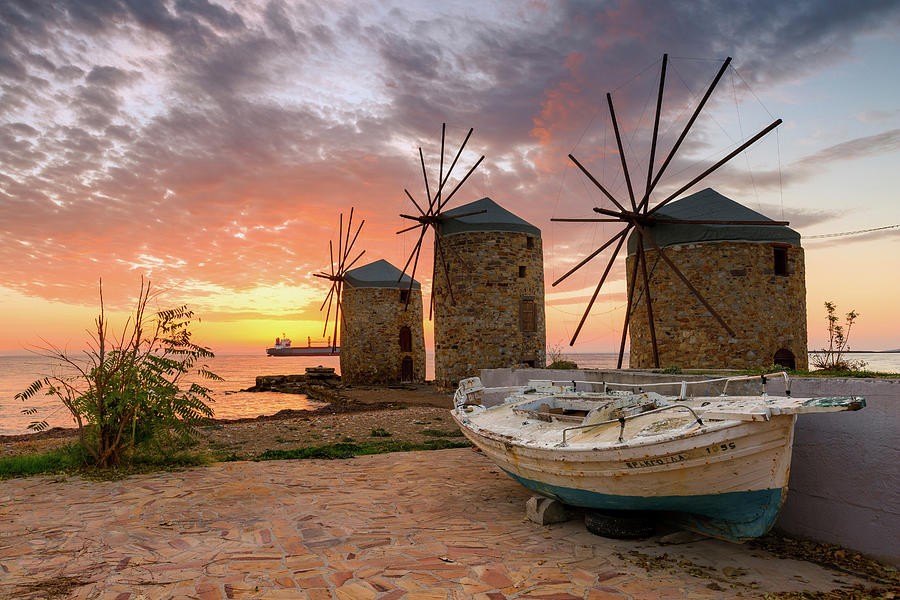 Greek Photograph - Sunrise Image Of The Iconic Windmills In Chios Town. #4 by Cavan Images