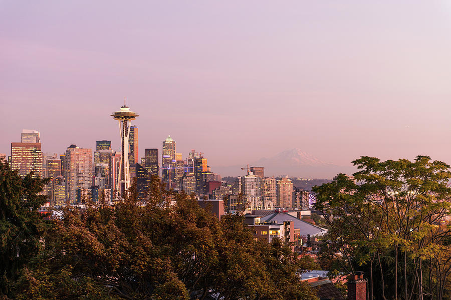 Seattle Photograph - Sunset over the skyline of the city of Seattle with the Space Needle, other emblematic buildings and #4 by Esteban Martinena Guerrero