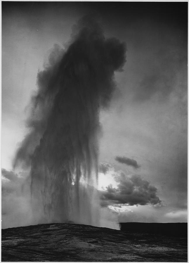 Taken at dusk or dawn from various angles during eruption. Old Faithful Geyser Yellowstone National Park Wyoming, Geology, Geological. (vertical orientation) 1933 - 1942 #4 Painting by Ansel Adams