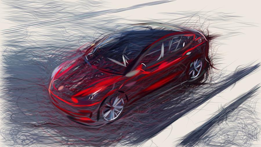 Tesla Model 3 Drawing #5 Digital Art by CarsToon Concept