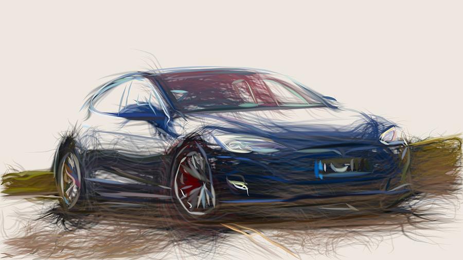 Tesla Model S P100D Drawing #5 Digital Art by CarsToon Concept