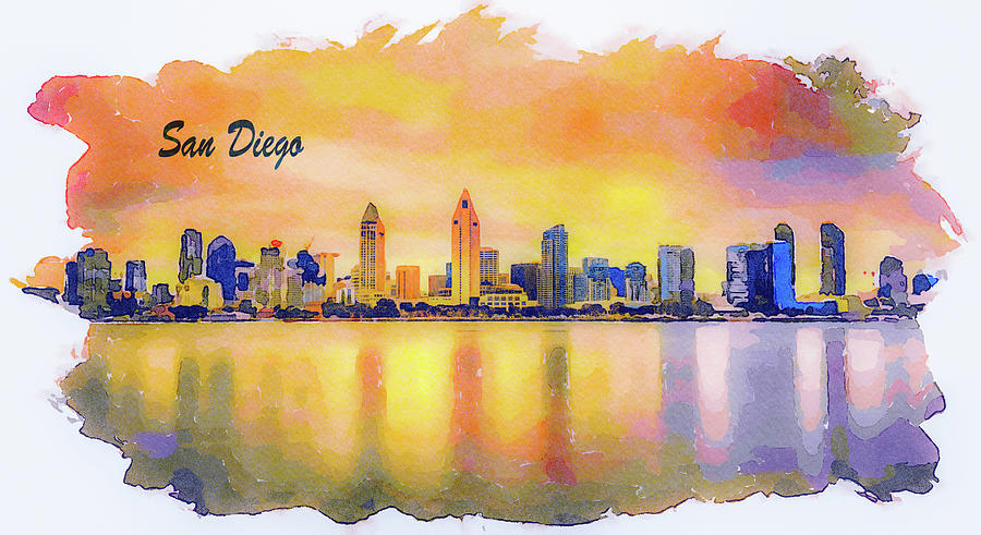 Watercolor Painting Of sunset skyline of San Diego downtown California 4 by Miroslav Liska