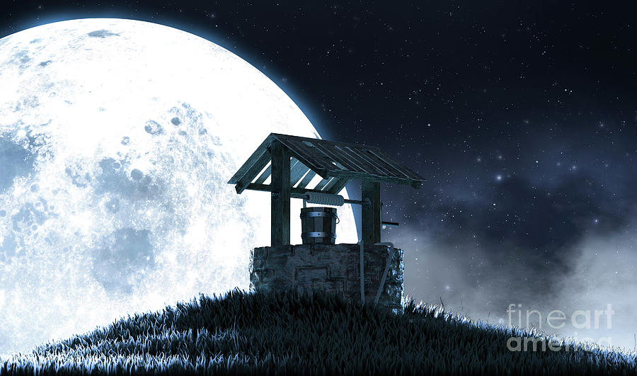 Wishing Well And Moon Silhouette Digital Art
