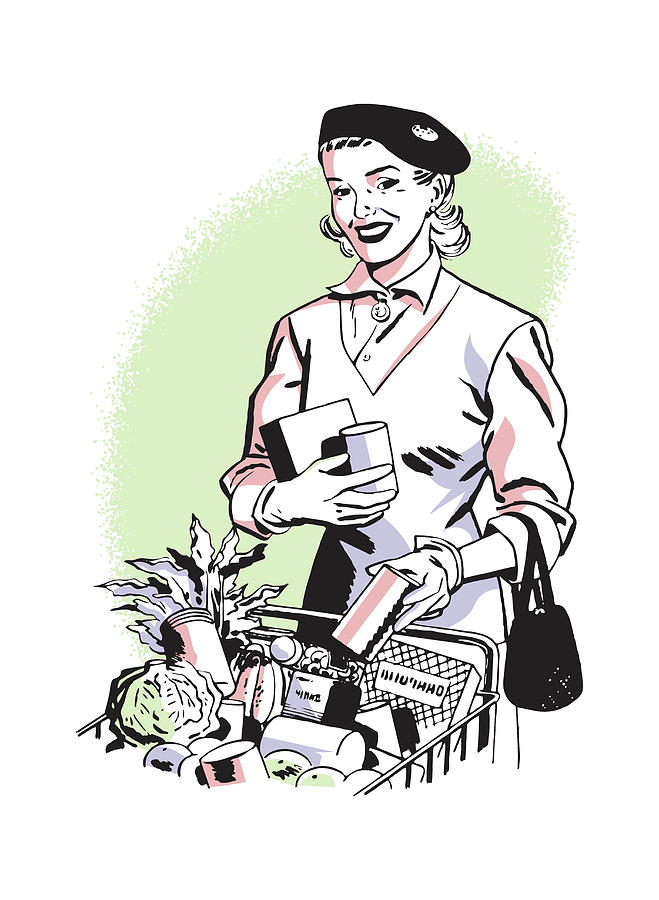 Vintage Drawing - Woman Grocery Shopping #4 by CSA Images