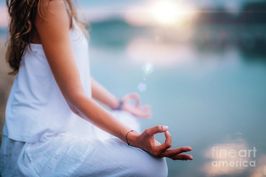 Woman Meditating By A Lake Photograph by Microgen Images/science Photo ...