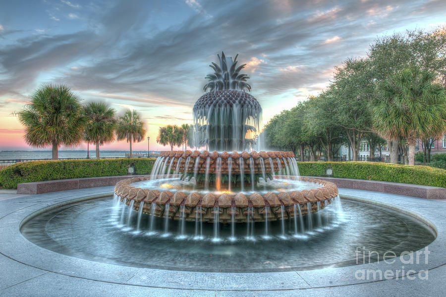 Pineapple Fountain Sunset - Charleston Sc Photograph