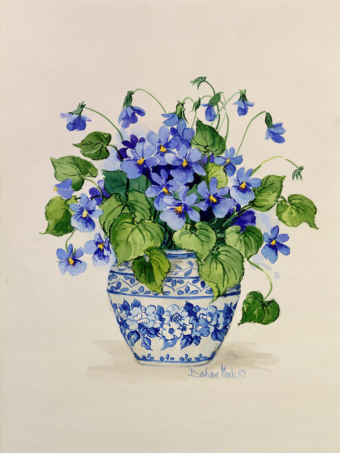 Flower Painting - 4542 Blue And White Porcelain Violets by Barbara Mock