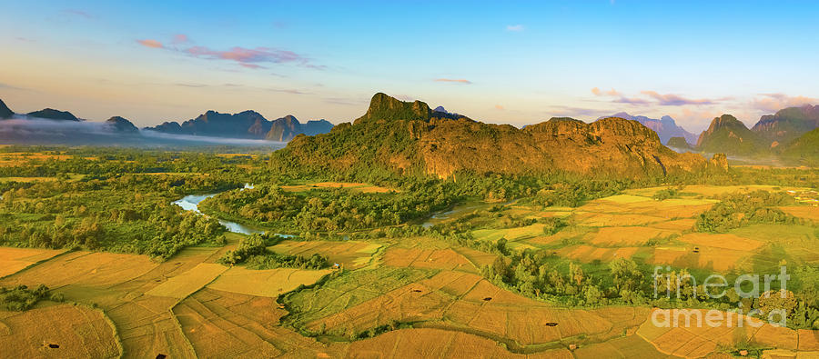 Aerial View Of The Fields, River And Mountain. Beautiful Landsca Photograph