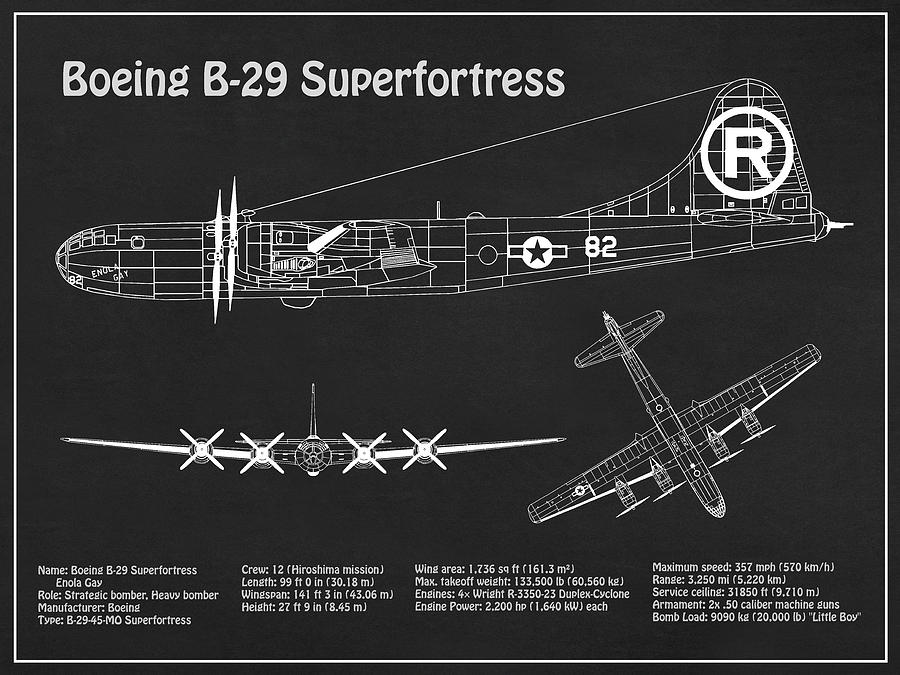 Transportation Drawing - B-29 Superfortress Enola Gay - Airplane Blueprint. Drawing Plans for the Boeing B-29 Superfortress #5 by SP JE Art