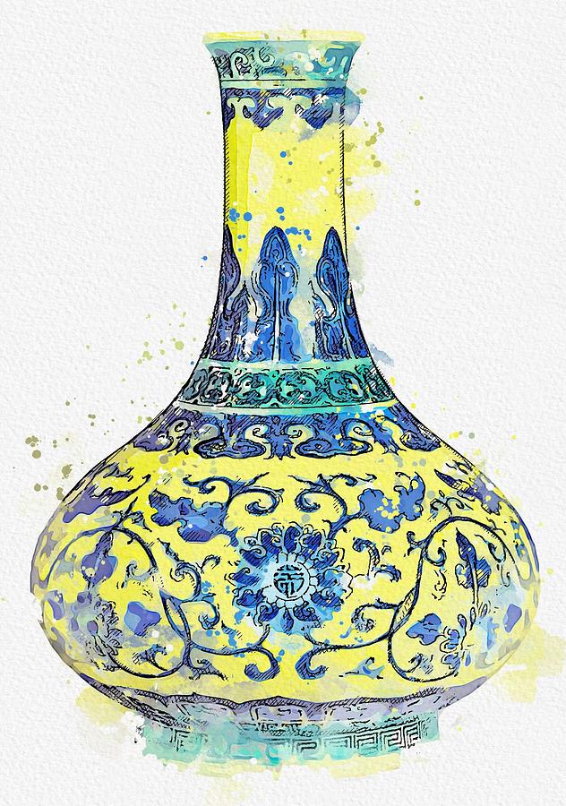 BLUE AND WHITE  MAKARA JAR watercolor by Ahmet Asar #5 Painting by Celestial Images