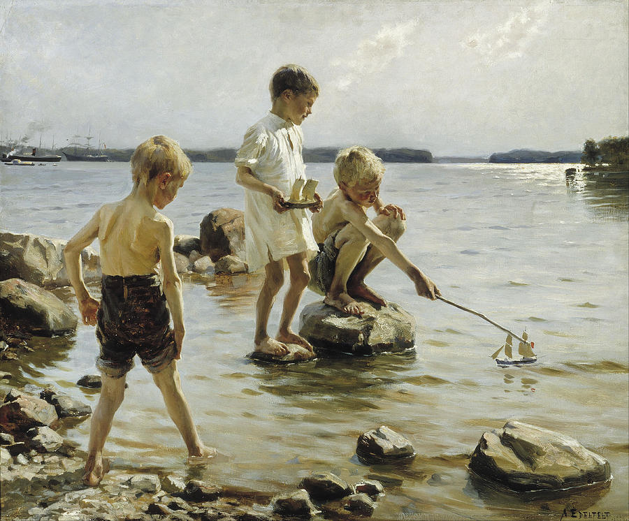 Wildlife Painting - Boys Playing on the Shore #5 by Albert Edelfelt