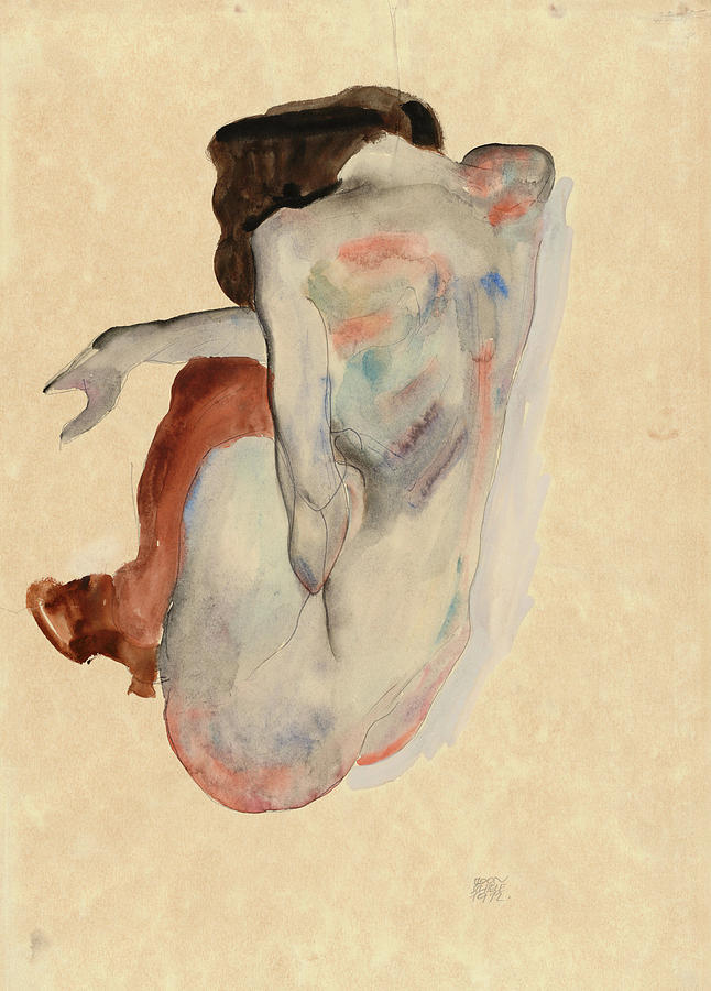 Crouching Nude in Shoes and Black Stockings, Back View. #5 Painting by Egon Schiele