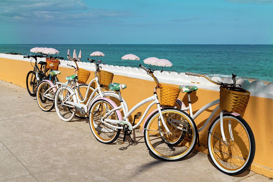 Florida, Palm Beach, Bicycle Leaning On Wall At The Beach #5 Digital Art by Laura Diez