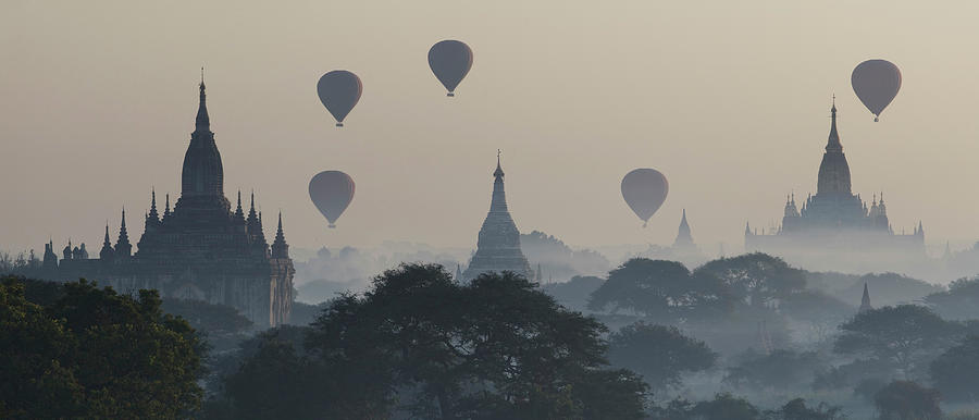 Hot Air Balloons Over Temples, Myanmar #5 Digital Art by Luigi Vaccarella