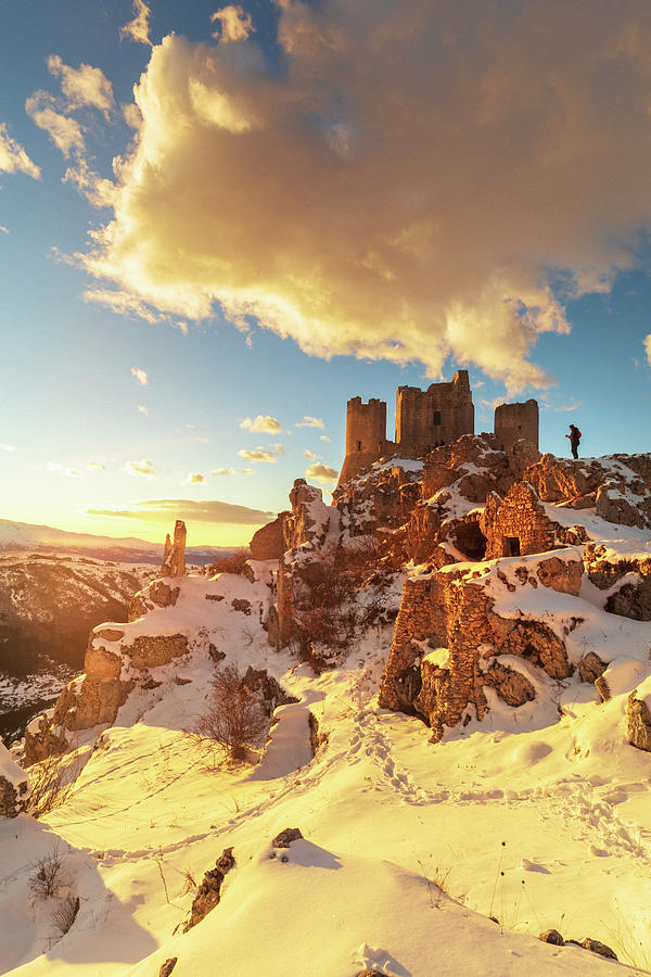 Italy, Abruzzo, Laquila District, Gran Sasso National Park, Calascio, Medieval Castle Or Rocca Calascio At Sunset On A Winter Evening With The Hill Full Of Snow #5 Digital Art by Maurizio Rellini