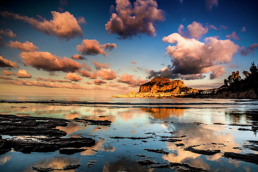 Italy, Sicily, Palermo District, Mediterranean Sea, Tyrrhenian Sea, Cefalu, View At Sunset #5 Digital Art by Antonino Bartuccio
