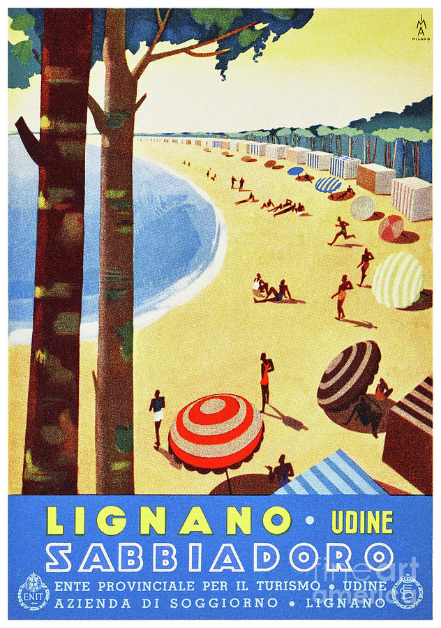 Lignano Udine Sabbiadoro Italy Vintage Travel Poster Restored Drawing