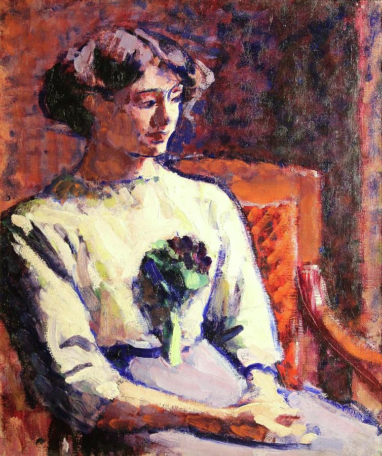 Jeune Fille Au Bouquet De Violettes Painting