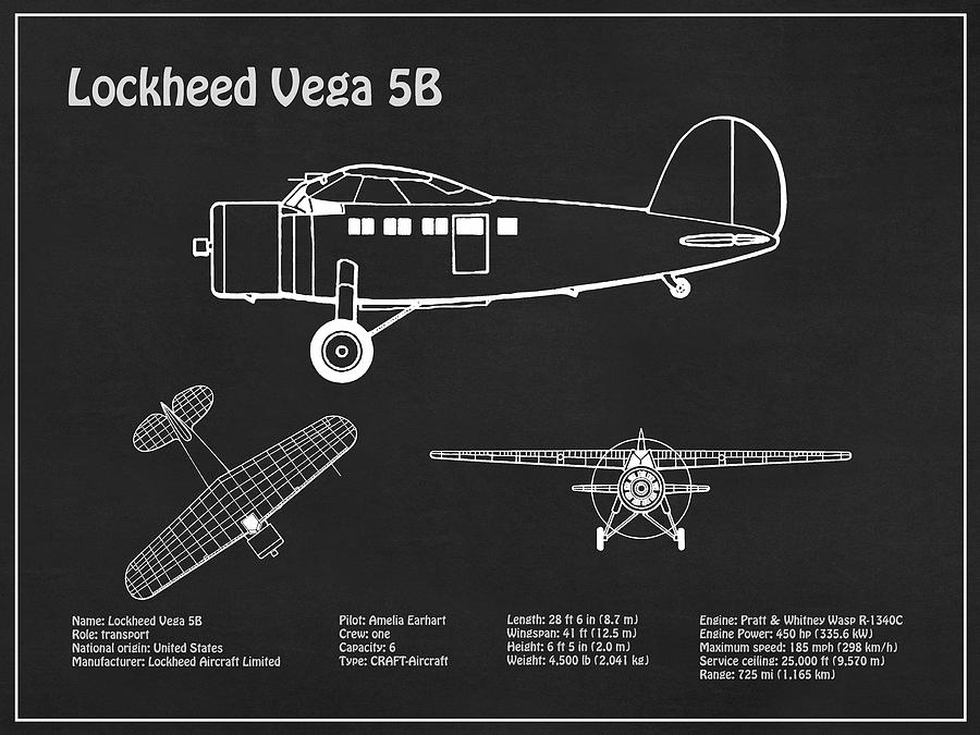 Lockheed Vega 5b - Airplane Blueprint. Drawing Plans for the Lockheed Vega 5b of Amelia Earhart #5 Drawing by SP JE Art