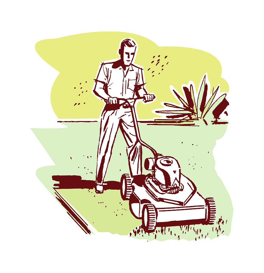 Vintage Drawing - Man Mowing Lawn #5 by CSA Images