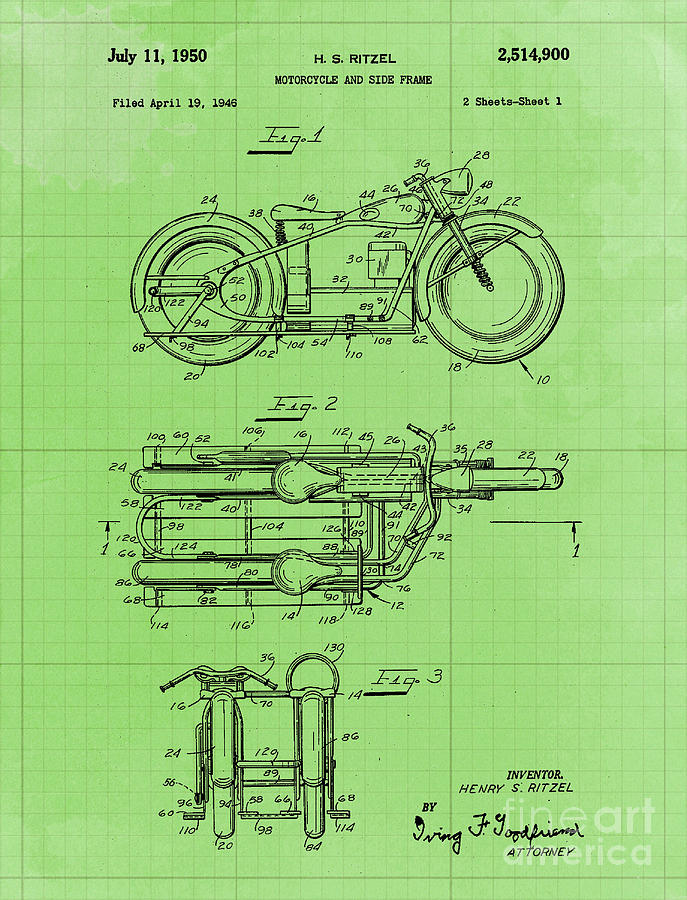 Motorcycle And Side Frame Patent Year 1946 Drawing