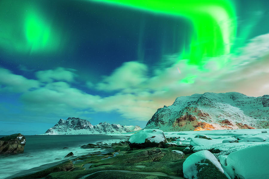 Norway, Nordland, Lofoten Islands, Vestvagoy, Uttakleiv Beach By Night With Aurora Borealis #5 Digital Art by Sebastian Wasek