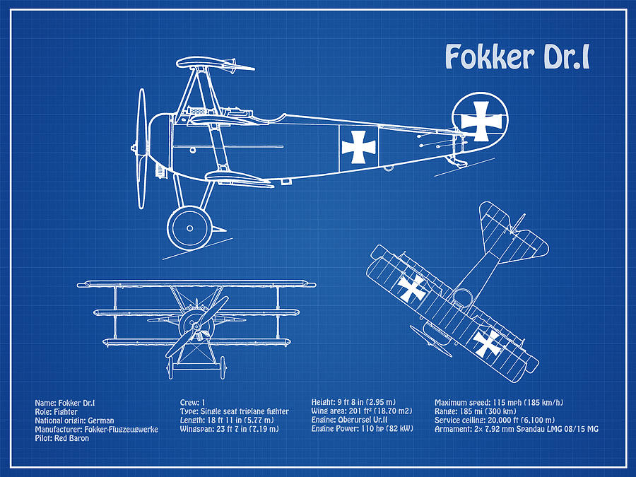 Transportation Drawing - Red Baron Fokker Dr.1 - Airplane Blueprint. Drawing Plans for the WWI Fokker Dr1 #5 by SP JE Art
