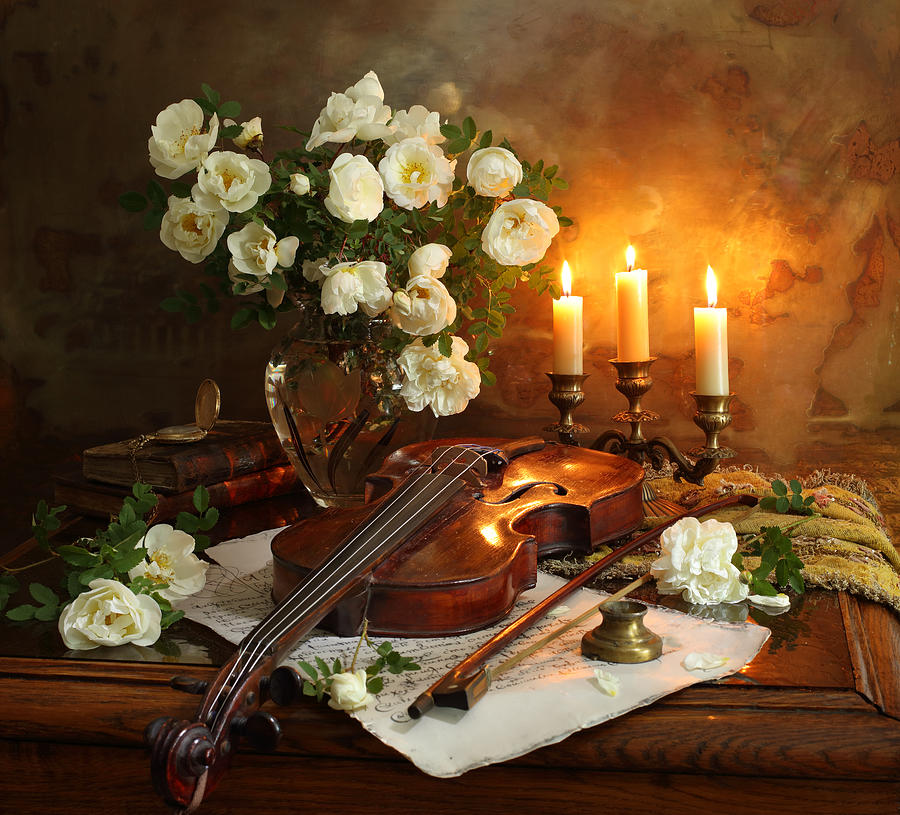 Flower Photograph - Still Life With Violin And Flowers #5 by Andrey Morozov