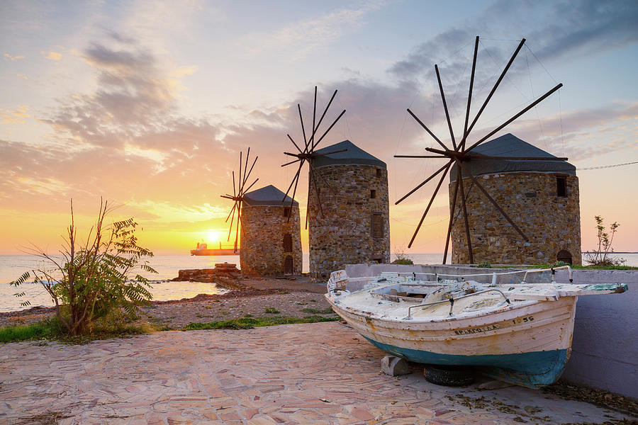 Greek Photograph - Sunrise Image Of The Iconic Windmills In Chios Town. #5 by Cavan Images