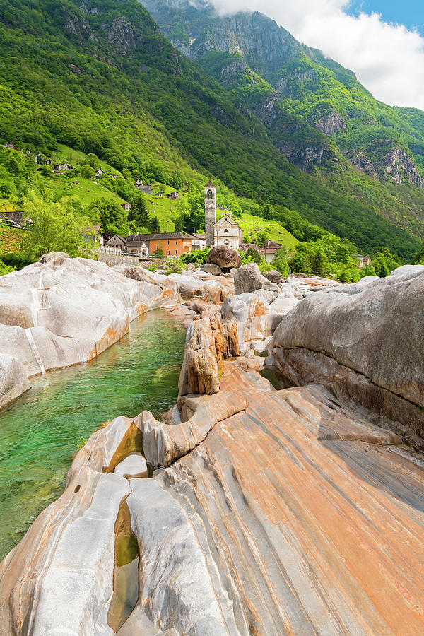 Switzerland, Ticino, Valle Verzasca, Alps, Lavertezzo And The Waterfalls Of The Verzasca River #5 Digital Art by Jordan Banks