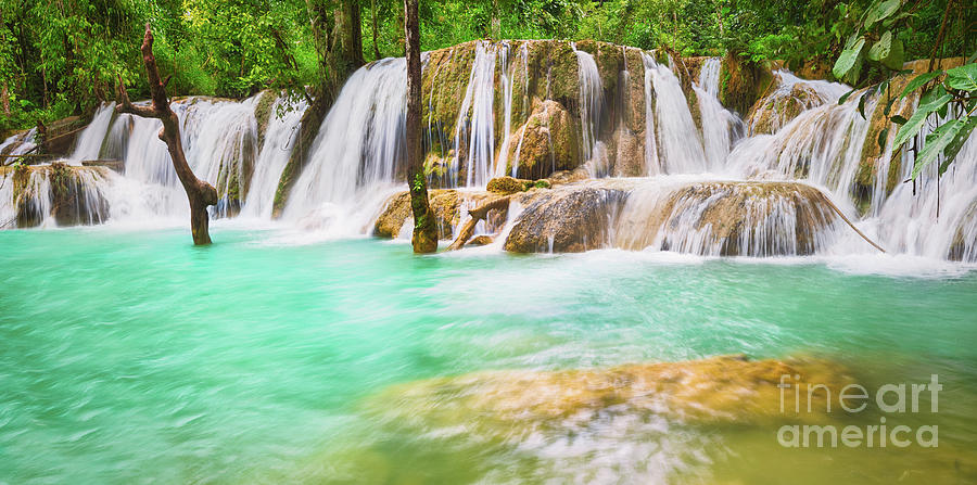 Nature Photograph - Tat Sae Waterfalls. Beautiful landscape, Laos. Panorama #5 by MotHaiBaPhoto Prints