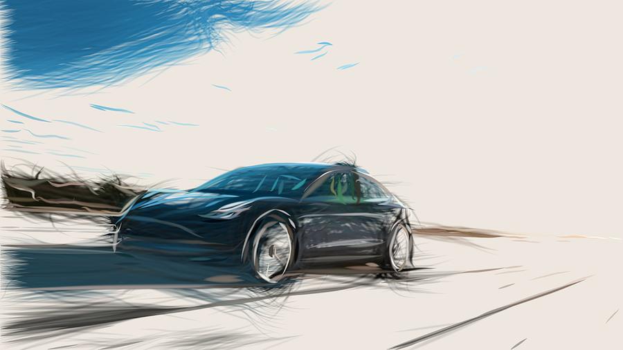Tesla Model 3 Drawing #6 Digital Art by CarsToon Concept