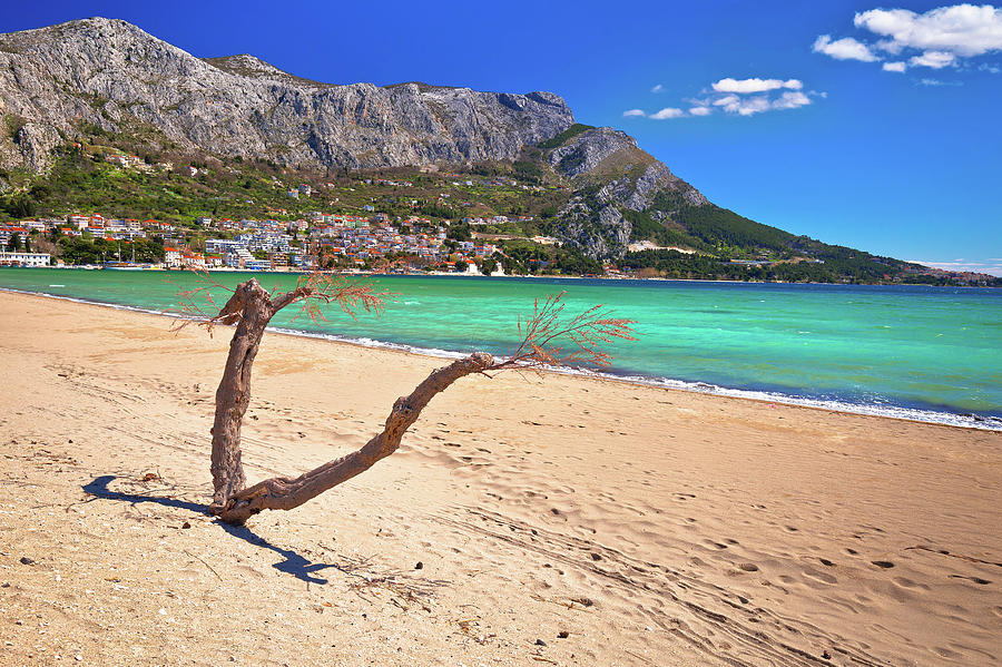 Town of Omis sand beach and Biokovo mountain coastline view #5 Photograph by Brch Photography